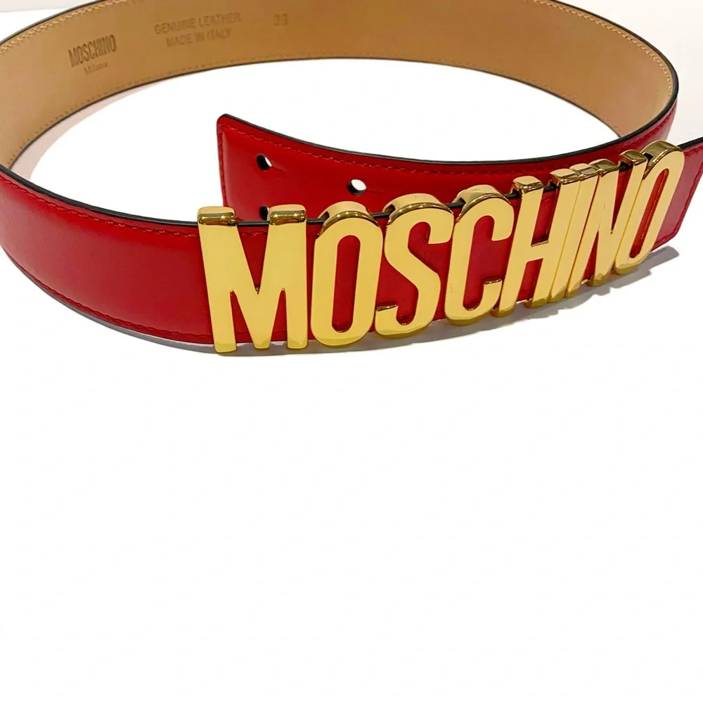 MOSCHINO Red Gold Logo Leather Belt NWT